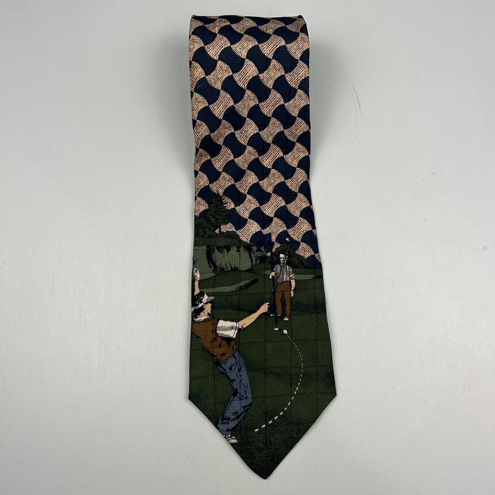 Pebble Beach Mens Silk Tie Golf Scene Geometric Pattern Navy Green Novelty 4 In